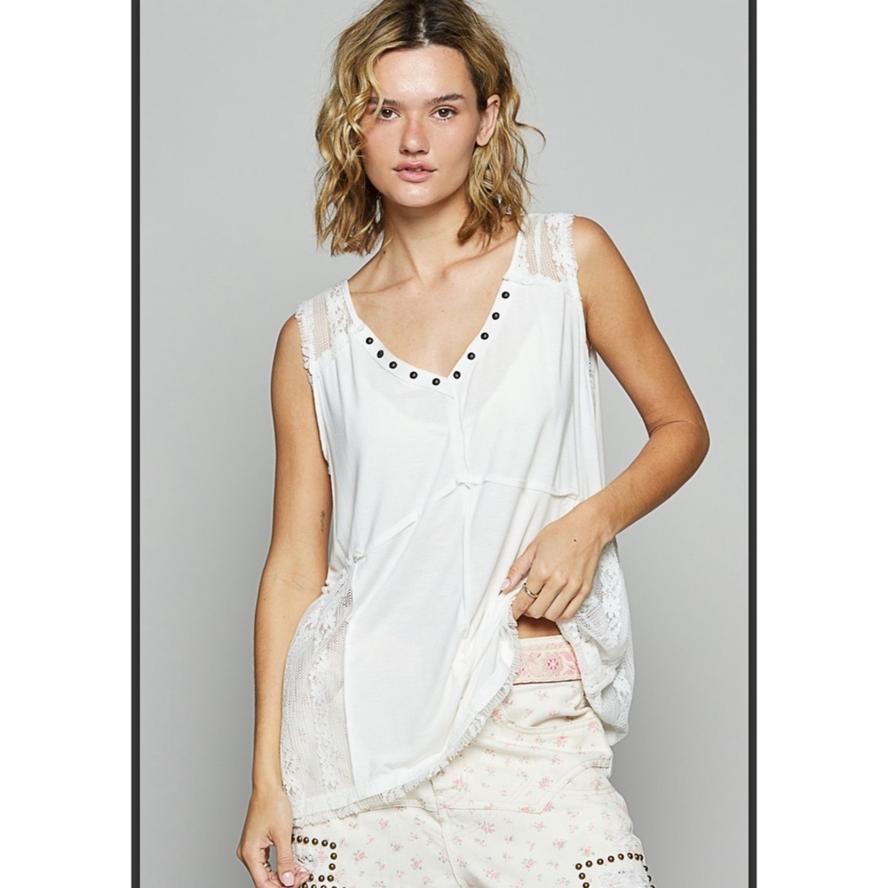 Last one POL White Studded Sleeveless Top with Lace Details